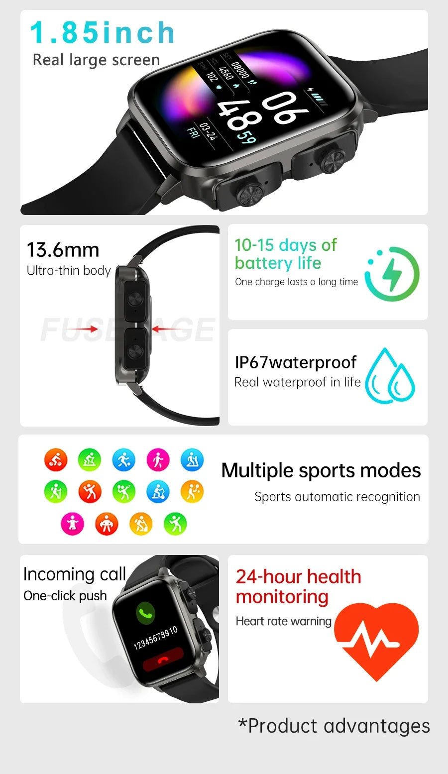 Credor® Unite -Smart Watch With Bluetooth Earphone Waterproof, Touch Big Display Screen Best Relog Inteligente